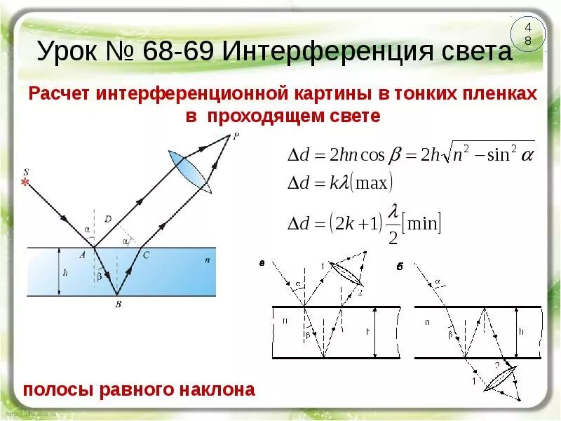 Условие максимума интерференции в тонкой пленке. Оптическая схема интерференции в тонких пленках. Интерференция света в тонких пленках формулы. Ход лучей при интерференции света в тонких пленках. Максимумы при интерференции от двух источников