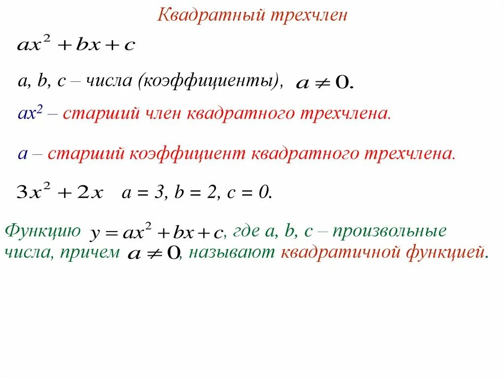 Функция свойства функции квадратный трехчлен. Коэффициенты квадратного трехчлена. Старший коэффициент трехчлена. Как найти коэффициент квадратного трехчлена. Как найти старший коэффициент квадратного трехчлена.