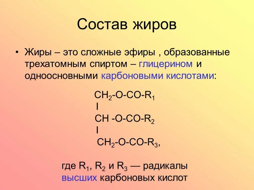 Какой остаток входит в состав жира. Химический состав жира. Жиры состав. Элементный состав жиров. Состав жиров химия.