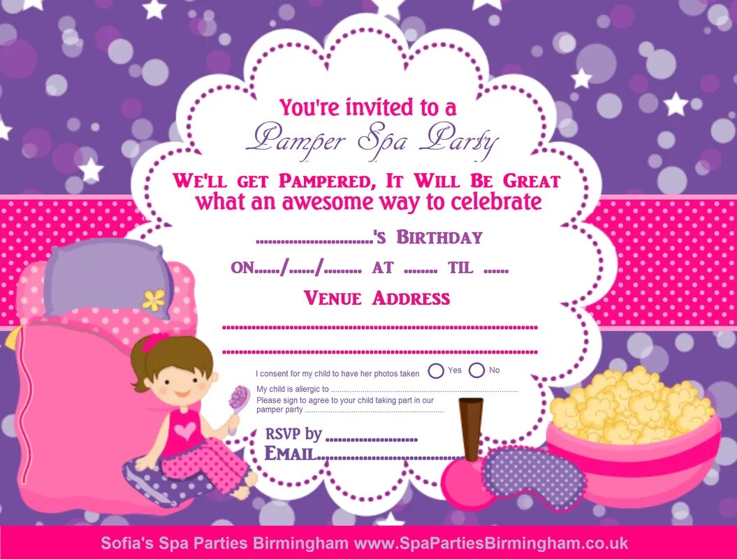 She is invited to a party. Пригласительные на girls party. birthday party invitation templates. приглашение на детский день рождения спа-вечеринка. party invitations шаблон.