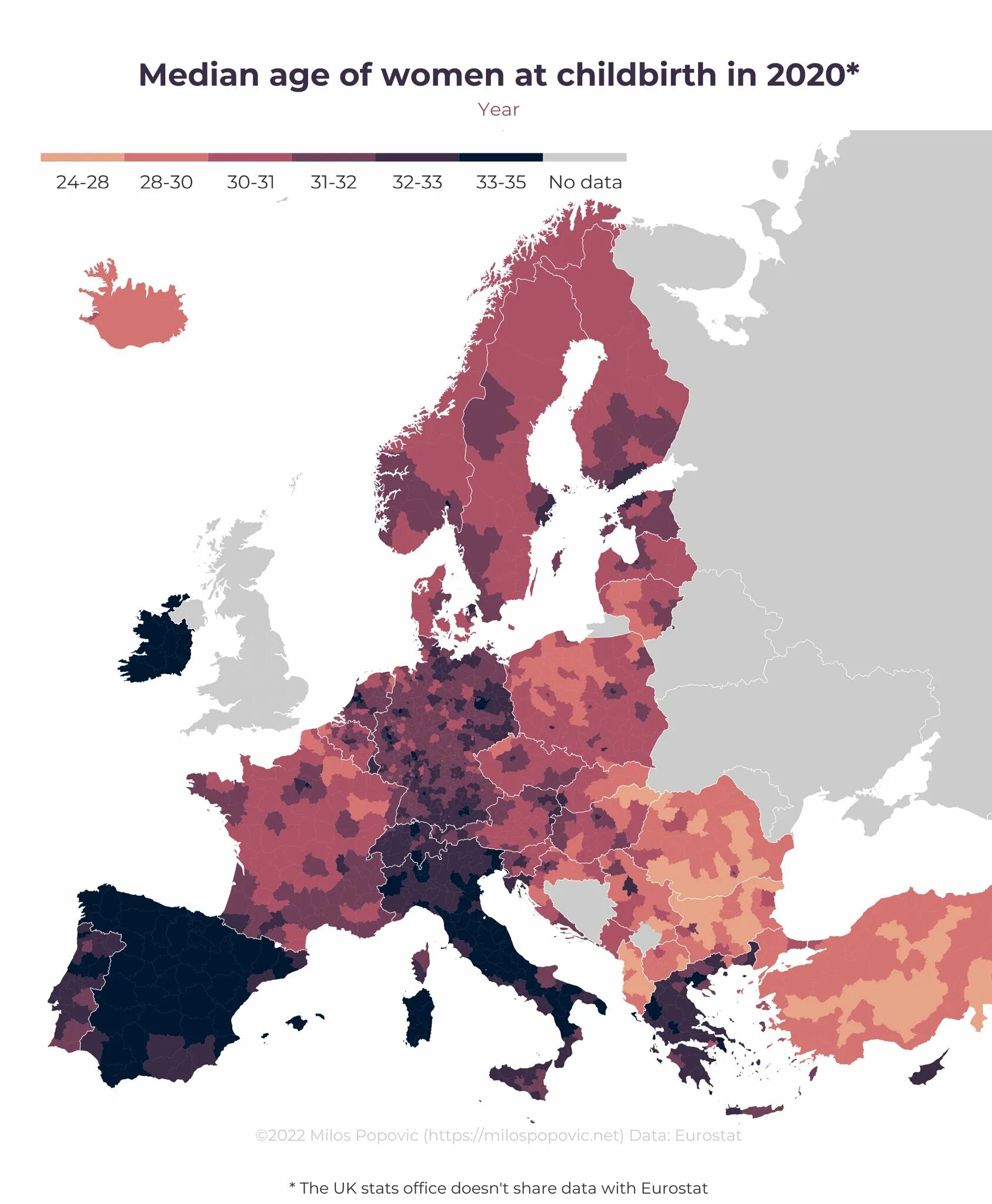 Средний Возраст рождения в Европе. Карта - Европа. Средний Возраст. Age media