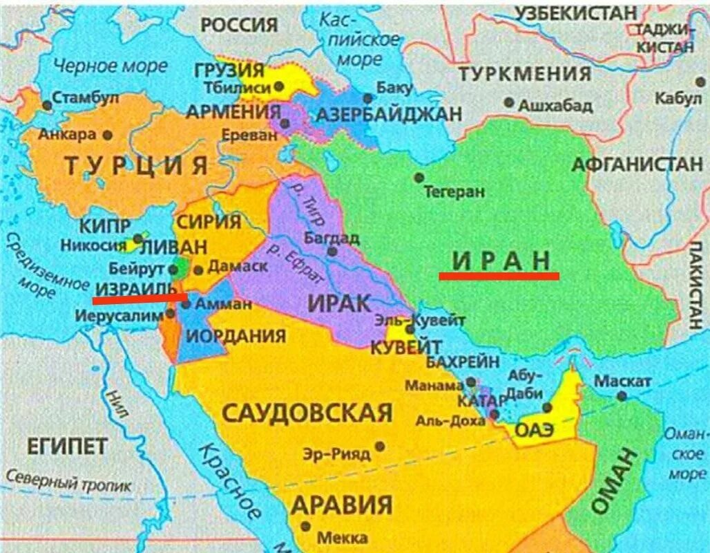 Почему иран не отвечает израилю. Карта ближнего Востока со странами. Политическая карта ближнего Востока. Карта ближнего Востока и средней Азии.