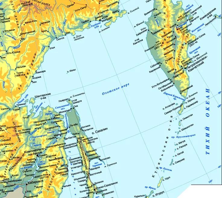 Дальний восток омывают моря тихого океана. Дальний Восток Охотское море карта. Камчатка Охотское море карта. Побережье Охотского моря карта. Охотское море физическая карта.