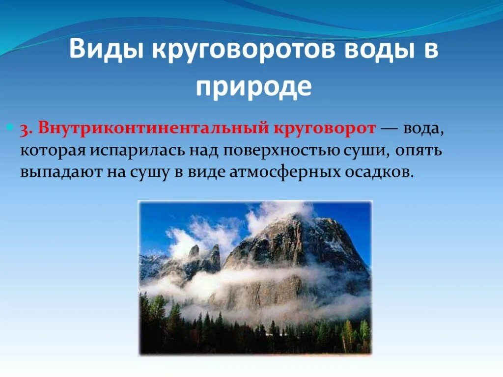 Круговорот воды. Круговорот воды в природе. Внутриконтинентальный круговорот. Типы круговоротов воды в природе.