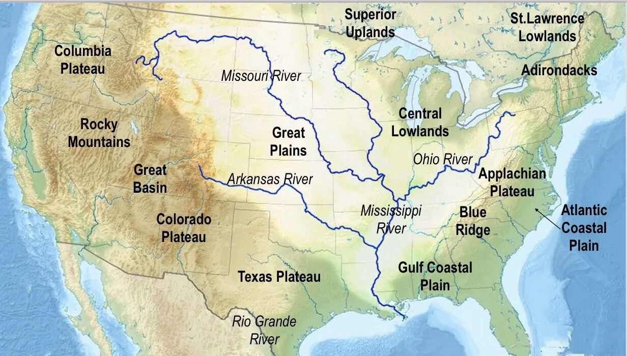 Рио гранде бассейн какого океана. Река Колорадо на карте. Бассейн реки Колорадо. Плато Колорадо на карте Северной Америки. Река Миссисипи на карте Северной Америки.