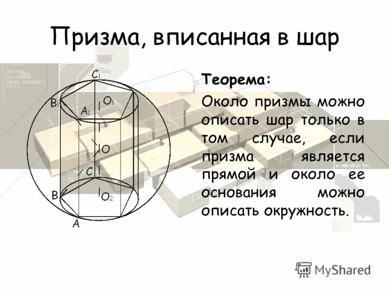 Призму можно вписать в. Шар вписанный в призму. Правильная Призма вписанная в шар. Шар описанный около Призмы. Прямая Призма вписана в шар.