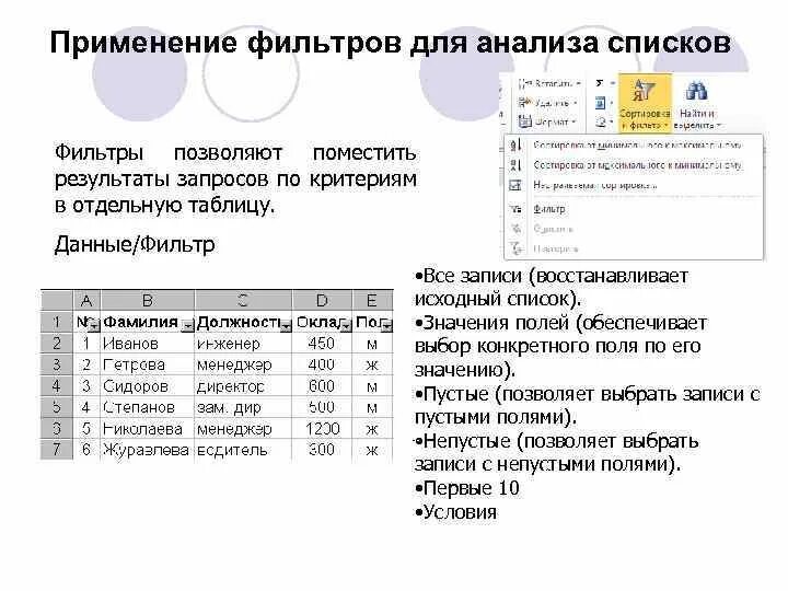 Анализ списков с помощью фильтров. История табличных процессоров. История развития табличных редакторов (процессоров). Использование вычисляемых критериев для фильтрации списков..