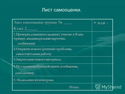 Формы листа самооценки