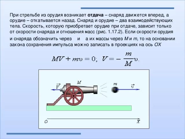 Кинетическая энергия отдачи. Скорость снаряда при выстреле. Скорость снаряда из пушки. Силы действующие на снаряд. Уравнение движения снаряда.