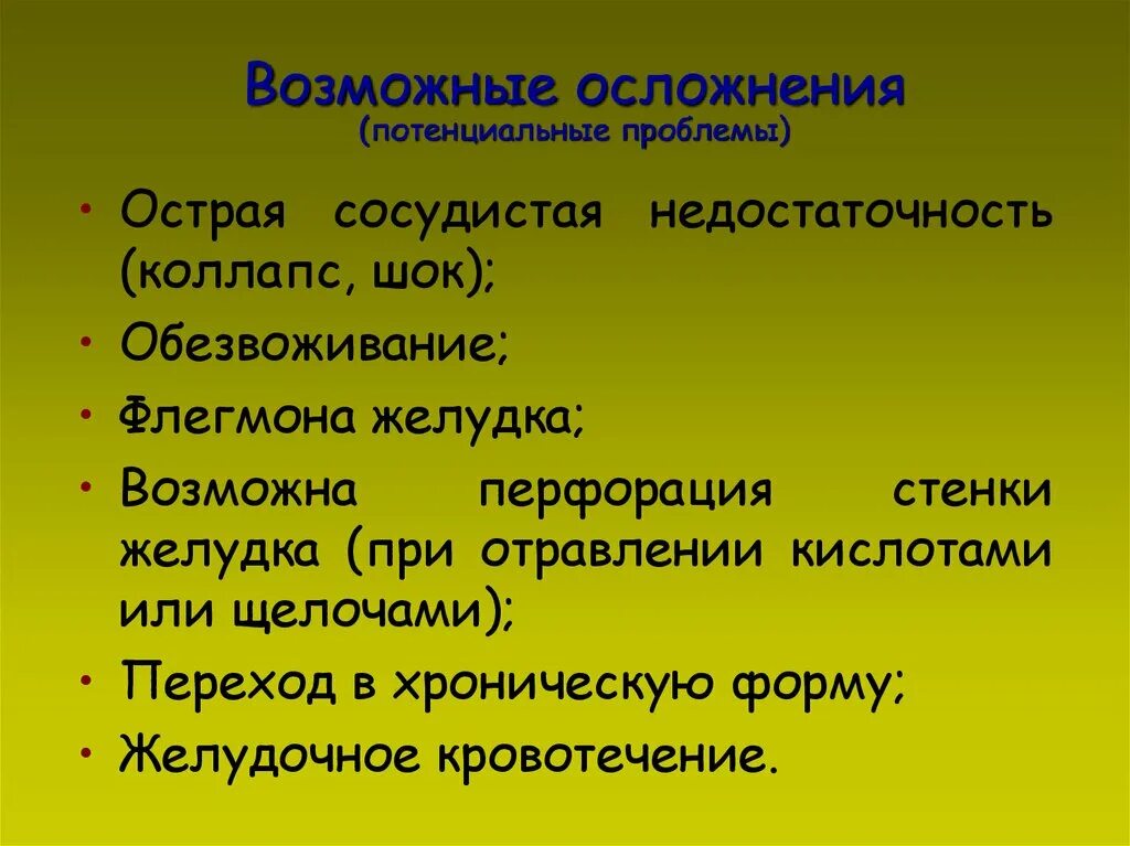 Потенциальные проблемы при отравлении. Потенциальные проблемы пациента при отравлении. Потенциальные проблемы токсикоинфекции. Возможные проблемы при острой сосудистой недостаточности. Осложнение сосудистой недостаточности