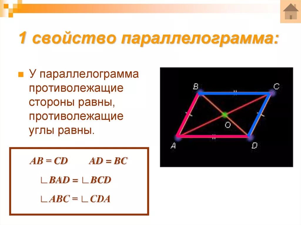 Как найти середину параллелограмма. Свойства параллелограмма. 1 свойство параллелограмма. первое свойство параллелограмма. параллелограмм с равными сторонами.