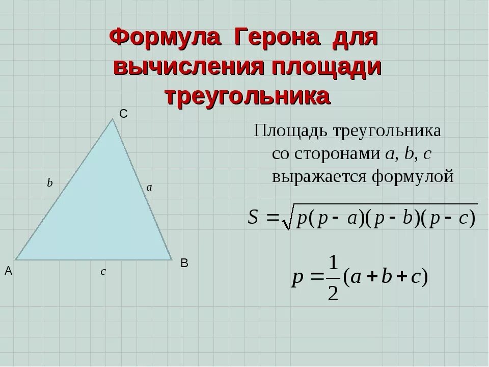Вычислить площадь по трем сторонам. Формула герона для площади треугольника. формула герона для вычисления площади треугольника. формулы для вычисления площади треугольника формула герона. площадь равнобедренного треугольника герона.