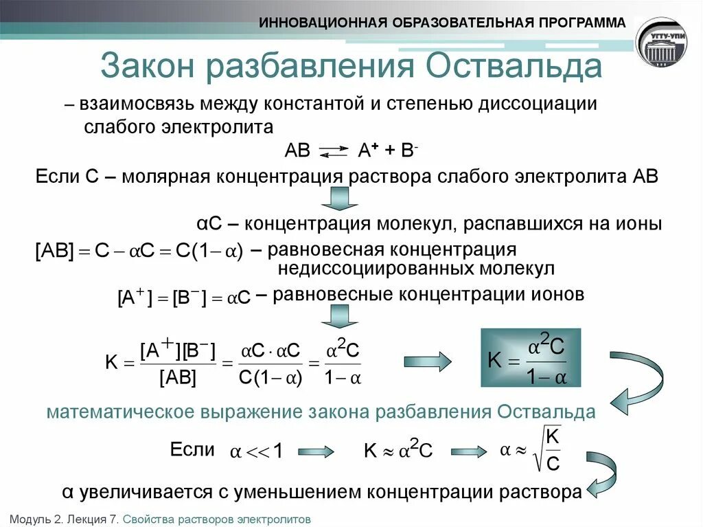 Согласно закону разбавления Оствальда Константа диссоциации. Формула константы диссоциации закон разбавления Оствальда. Закон Оствальда для слабых электролитов степень диссоциации. Уравнение закона разбавления Оствальда.