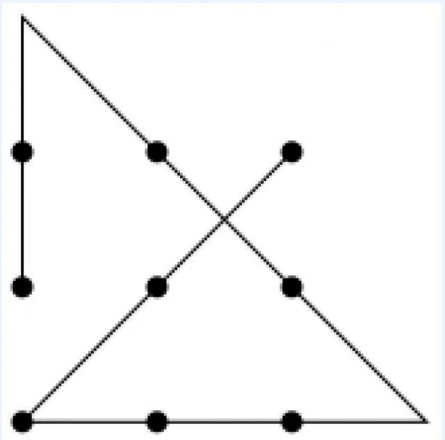 Девять точек треугольника. Квадрат из 9 точек. Четырехзвенная ломаная. Квадрат с 9 точками. Четырехзвенная ломаная через 9 точек.