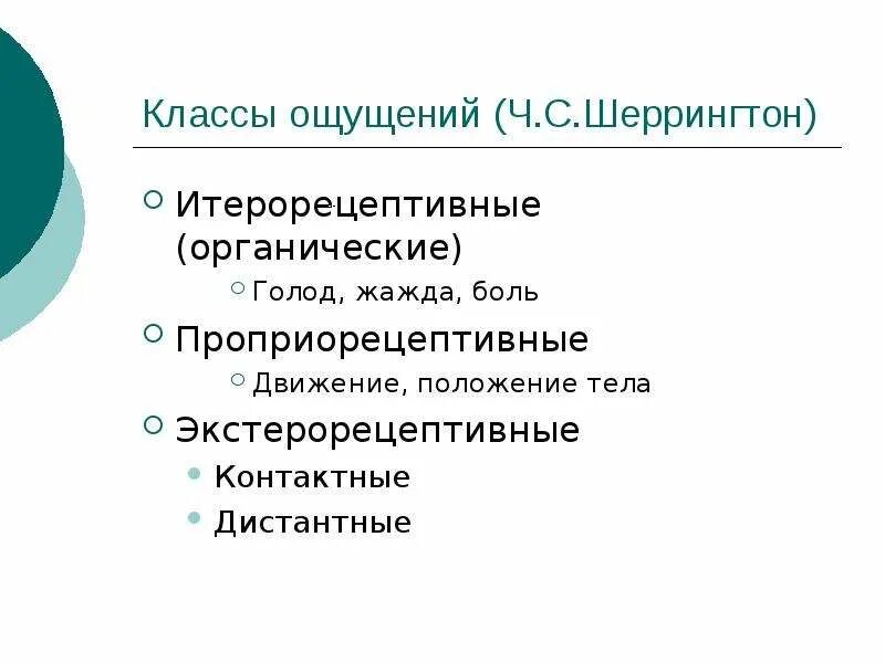 3 класса ощущений. Классы ощущений. Экстерорецептивные ощущения рецепторы. Класс ощущений Шеррингтона. Контактные и дистантные противоречия.