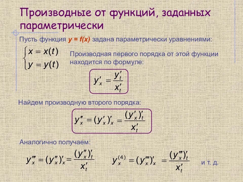 Вычислить производную 2 порядка. Формулы производных для параметрически заданных функций. формула нахождения производной 2 порядка. формула производной параметрической функции. производная второго порядка функции формула.