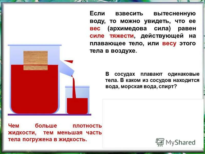 Чем меньше плотность жидкости тем больше. Вес вытесненной воды равен весу тела?. Масса вытесненной жидкости равна весу. Вес вытесненной жидкости. Плотность вытесненной жидкости?).