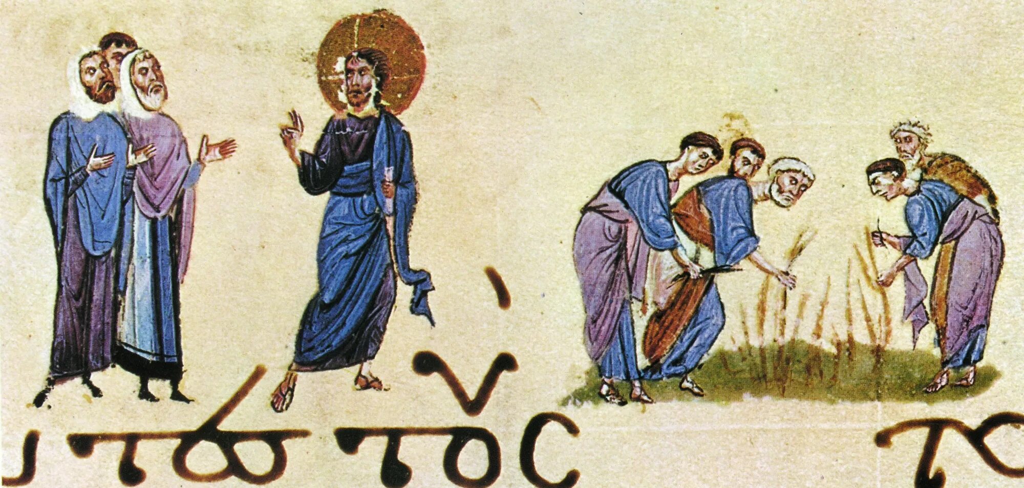 Византийская миниатюра ученики. Византийский Евангелиарий XI века. Ученики Иисуса срывают колосья. Византийская миниатюра.