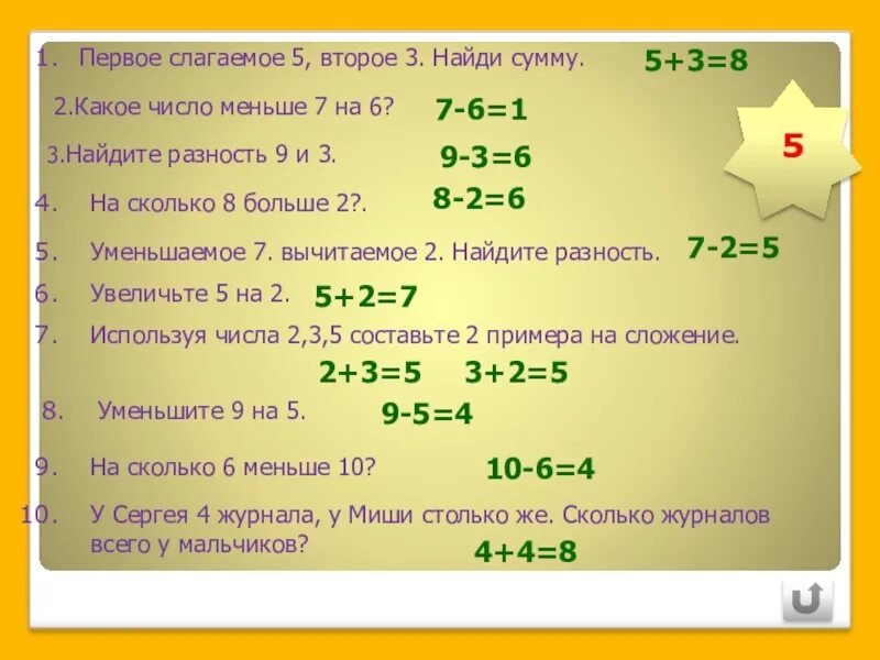 Сумма трёх чисел и более слагаемых. Первое слагаемое 2 слагаемое сумма. Числа 2,5,3 наименьшее число. Уменьшить числа 7 и 2 на 6. 8 9 х 8 1 решение