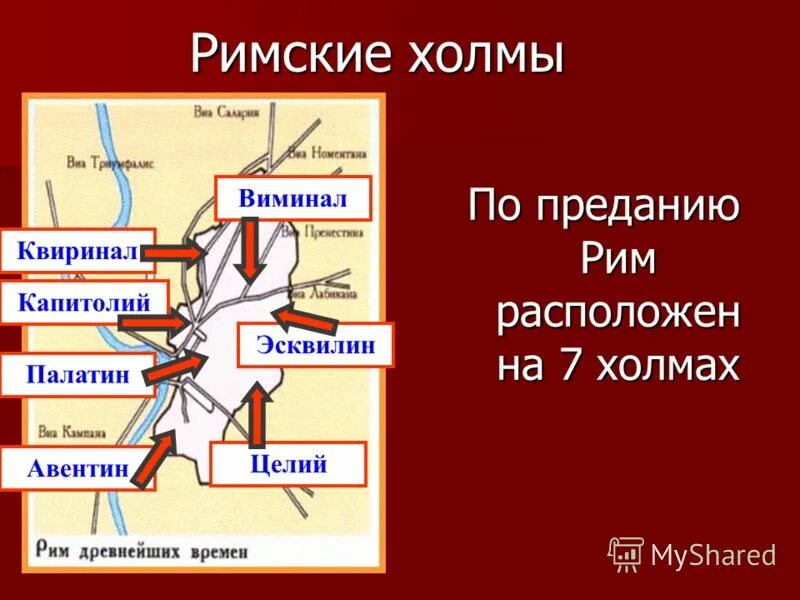 7 холмов древнего рима. Древний Рим на семи холмах. Рим располагался на Холме палатин.. Семь холмов Рима. Город на 7 холмах Рим.