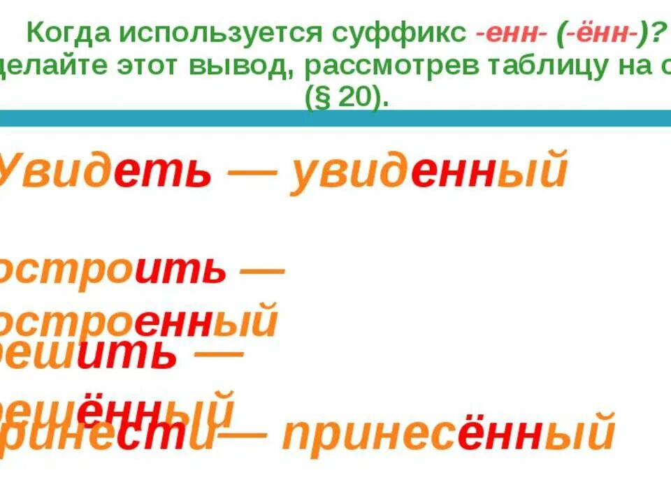 Суффиксы Енн ённ. Когда суффикс ённ а когда Енн. Увиденный суффикс. Когда используют суффикс Енн. Слова с ударением на суффикс енн