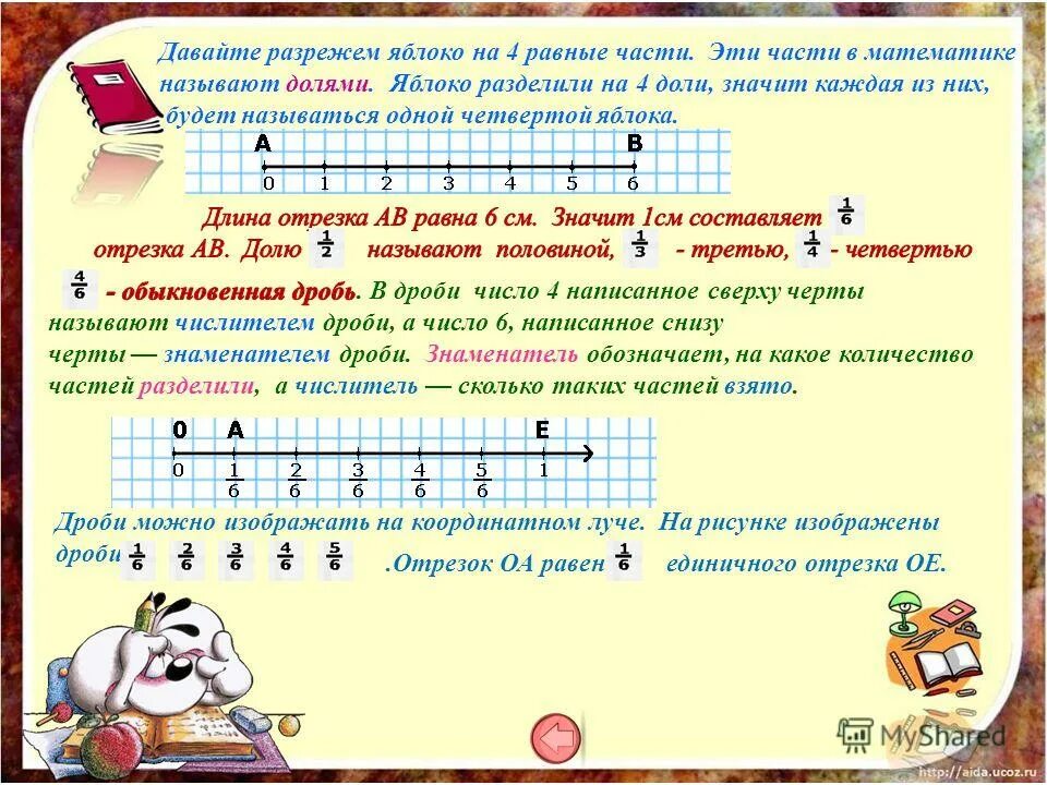 Дроби на отрезке. Представление дробей на координатном Луче. Деление отрезка на части дробные. Дроби на координатном Луче 5 класс.