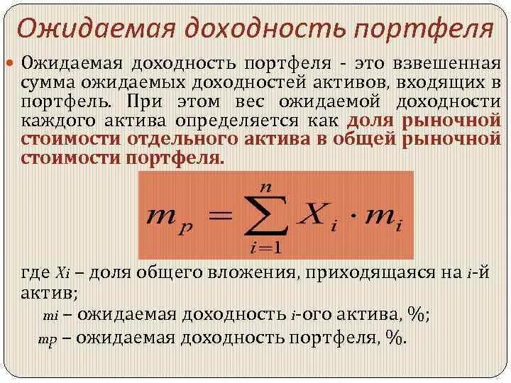 Доходность определение. Доходность инвестиционного портфеля формула. Ожидаемая доходность портфеля инвестора формула. Как посчитать ожидаемую доходность. Ожидаемая доходность инвестиционного портфеля.