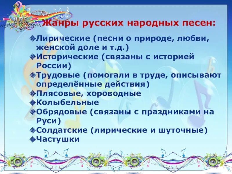 Жанры русской народной музыки. Жандры русский народных песен. Жанры русской народной песни. Жанры народных песен. Характеристика особенностей народных песен 2 класс презентация