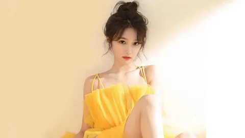 People 3840x2160 model Asian women yellow dress leaning hair knot simple ba...