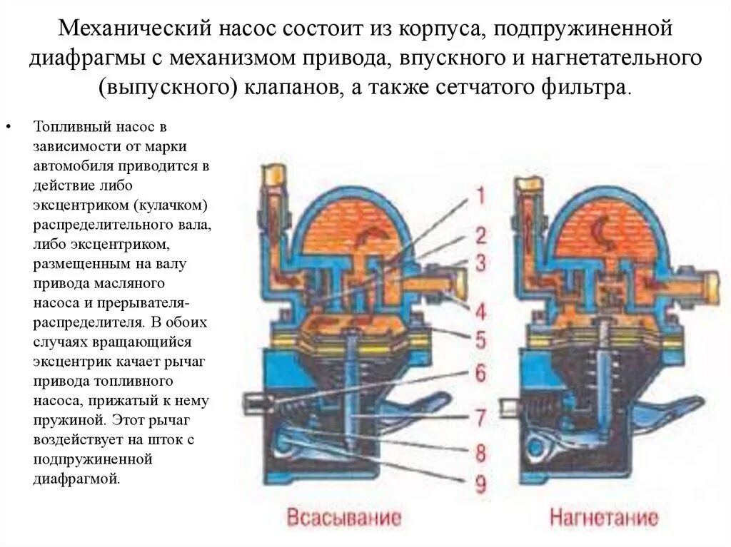 Топливный насос принцип. Топливный насос схема устройства. Схема механического бензонасоса. Схему диафрагменного топливного насоса карбюраторного ДВС. Схема устройства бензонасоса карбюраторного двигателя.