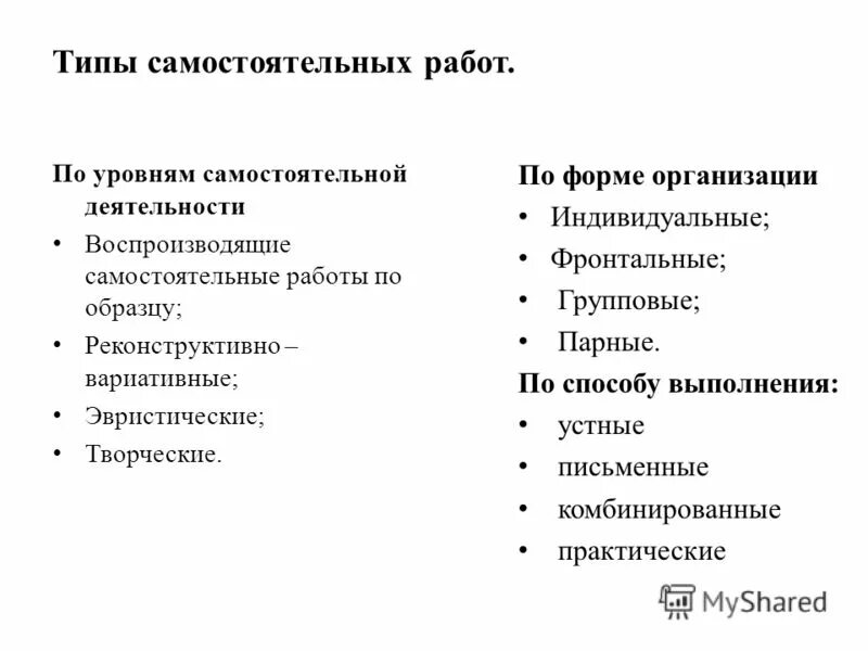типы самостоятельной работы