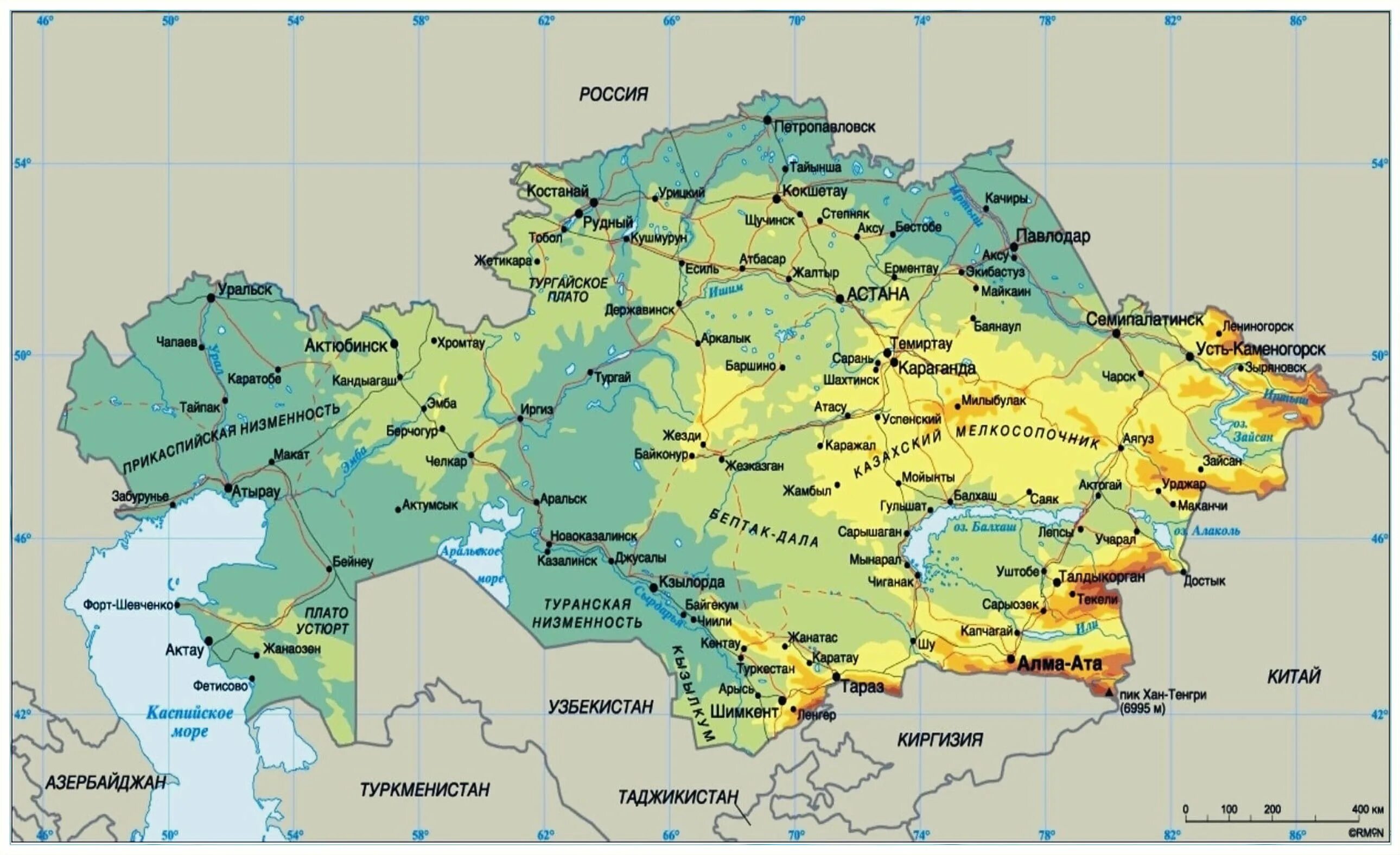 Физическая карта Казахстана. Казахстан на карте России. Карта Казахстана с городами. Горы Казахстана на карте. Карта рек казахстана и россии