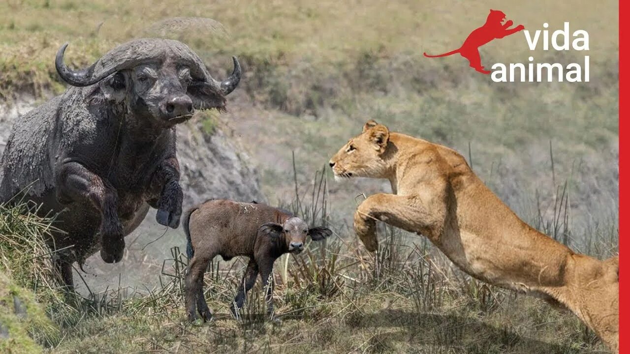 Буйволы и львы в дикой природе Африка. Битва животных в природе видео
