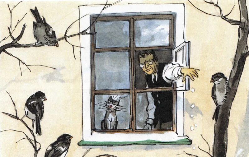 Носов стучит. Зимний разговор через форточку. Птицы у окна иллюстрация. Птички на окна.