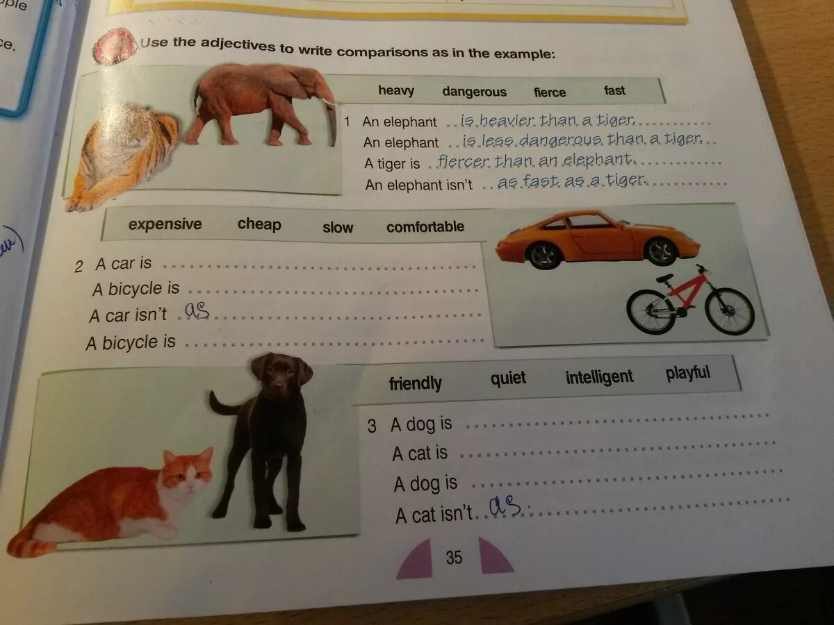 Write as in the example. Use the adjectives and write Comparisons as in the example Heavy Dangerous. Use the adjectives to write Comparisons as in the example a car is. An Elephant is Heavier than a Tiger. Comparative adjectives dangerous