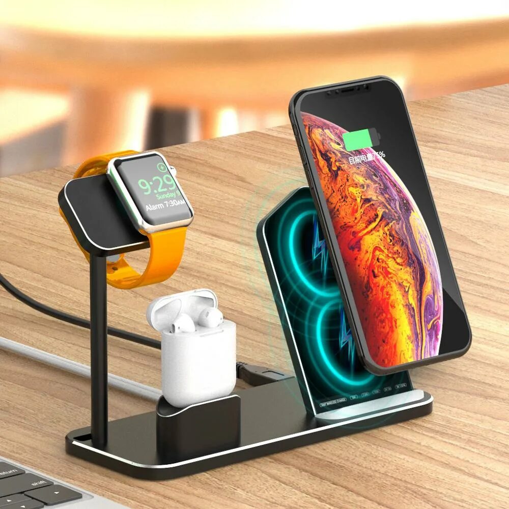 Беспроводная зарядка 3 в 1 для Apple. Док станция Wireless Charger Apple IWATCH. Док станция для Apple IWATCH И iphone. Беспроводная зарядка для iphone эпл. Станция для часов наушников и часов