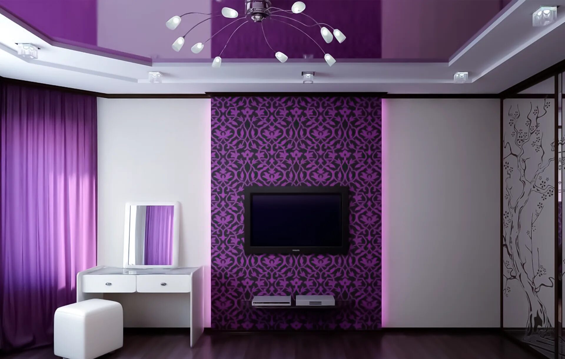 Интерьер в сиреневых тонах. Гостиная в фиолетовом цве е. Гостиная в фиолетовых тонах. Сиреневые стены в гостиной.