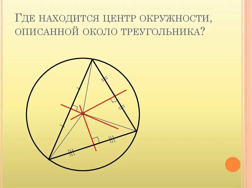 Где находится центр описанного треугольника