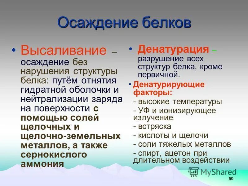 Чем отличаются белки. Денатурация высаливание осаждение белков. Механизм реакции осаждения белков. Факторы вызывающие осаждение белков из растворов. Механизм высаливания и денатурации белков.