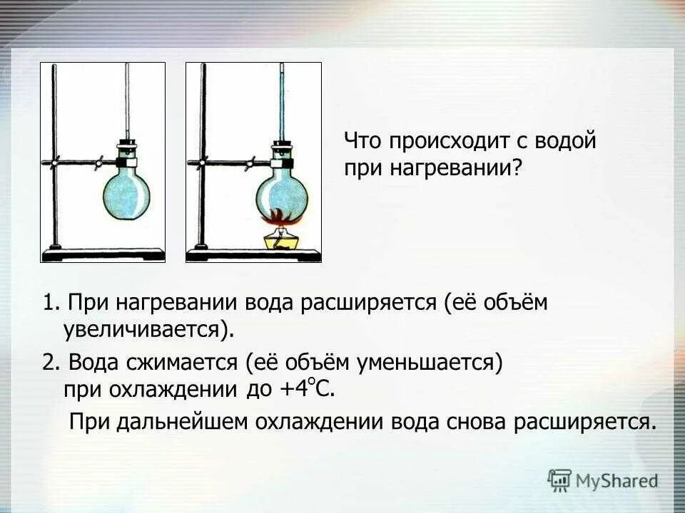 Вода при нагревании расширяется. Вода расширяется при нагревании и сжимается при охлаждении. При нагревании расширяется. При нагреве вода расширяется.