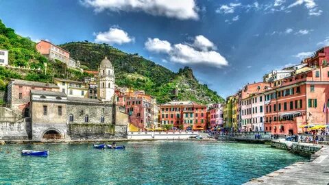 Download 1366x768 Vernazza, Italy, port, boats, city Wallpaper.