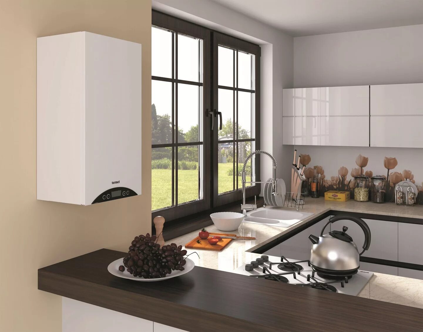 Отопление кухня. Газовый котел в интерьере. Отопление кухня. Вертикальные радиаторы будерус. Настенный котел на кухне.