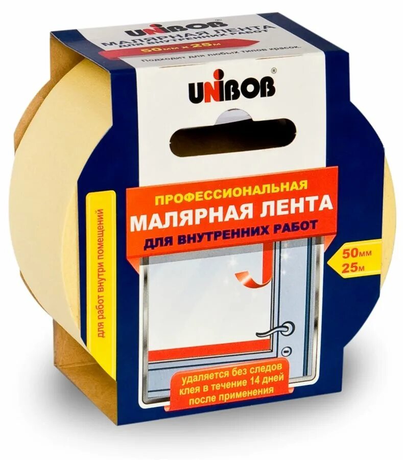 Малярная клейкая лента Unibob 50 мм х 25 м желтая. Малярная клейкая лента 25 мм*50 м Unibob. Книбоб марярная лента 25м. Унибоб малярная лента 50*50. Скотч малярный unibob