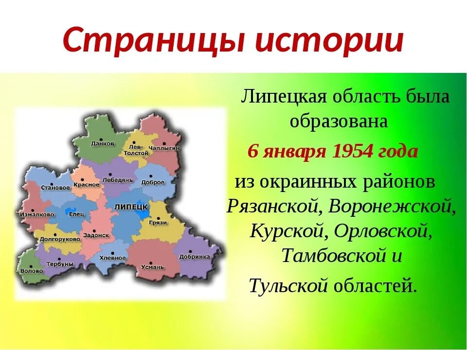 Изменения в липецкой области. Липецкая область образована 6 января 1954 года. Карта населения Липецкой области. Карта образования Липецкой области. История создания Липецкой области.