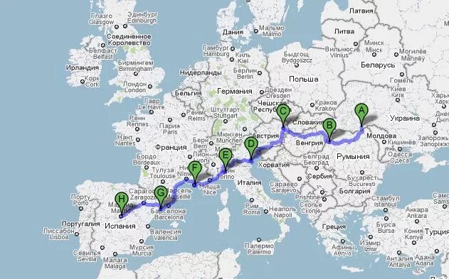Украина сколько франций. Маршрут Москва Испания. Туристический маршрут по Европе. Маршрут от Италии до Испании. Маршрут по странам Европы.
