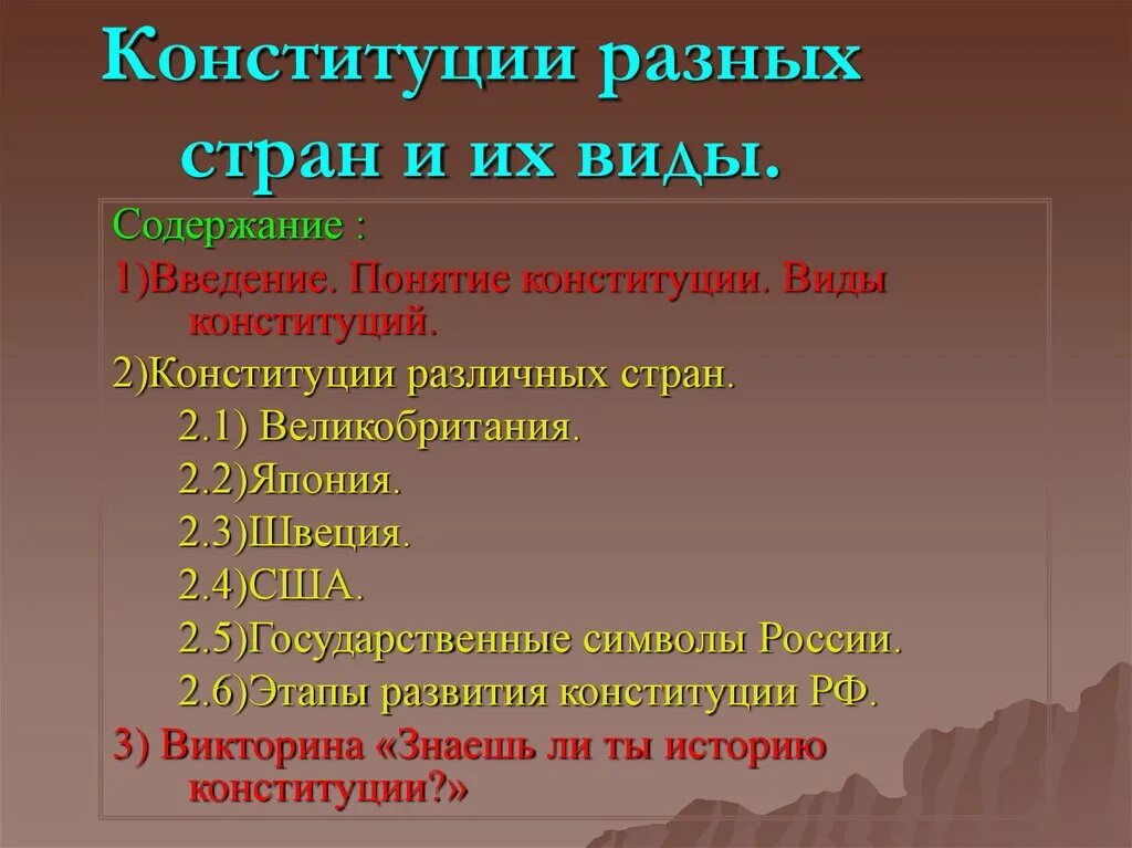 Виды конституций. Понятие Конституции. Конституции разных стран. Типы конституций государств.