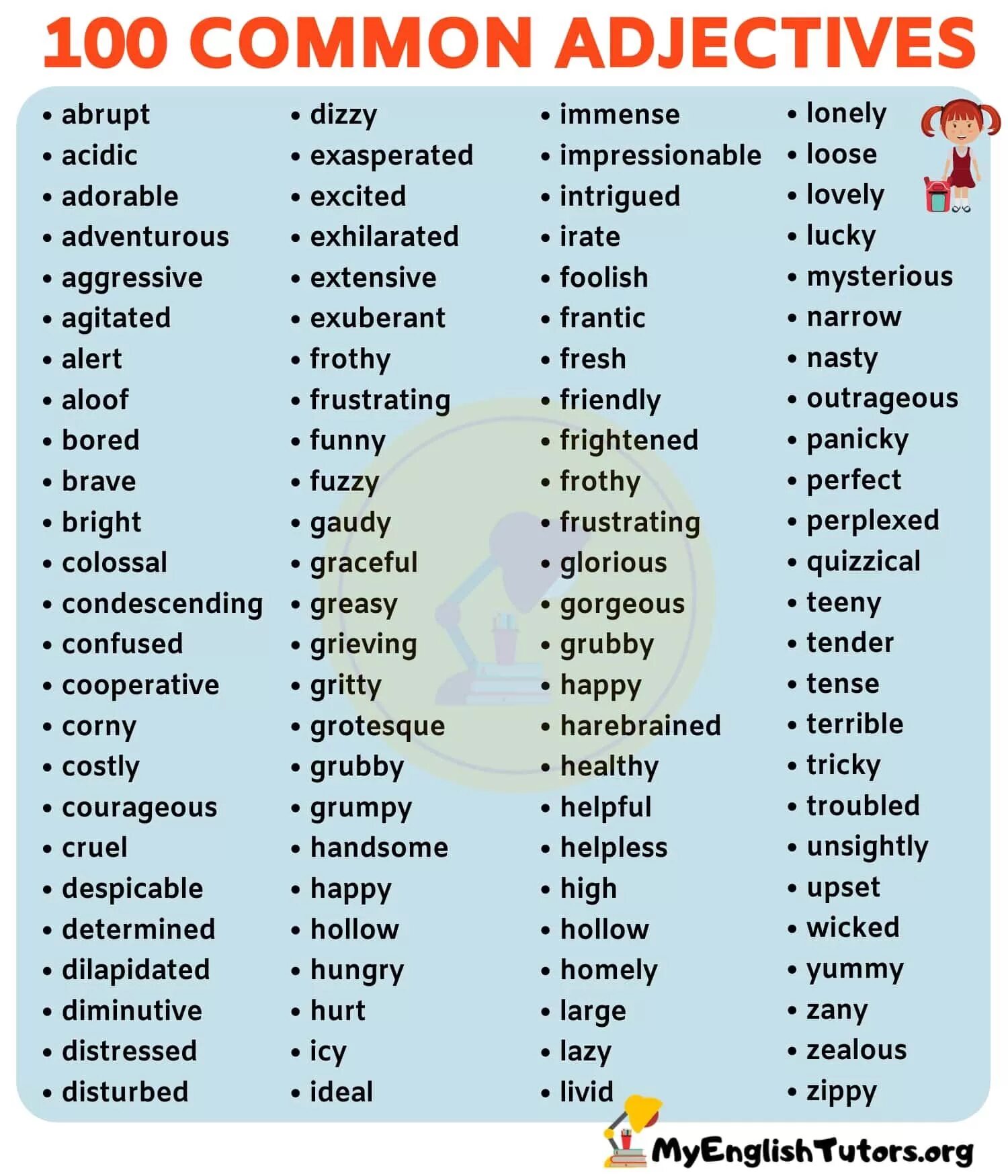 Учим английские прилагательные. List of adjectives in English с переводом. Adjectives список. 100 Adjectives English. 100 Common adjectives.
