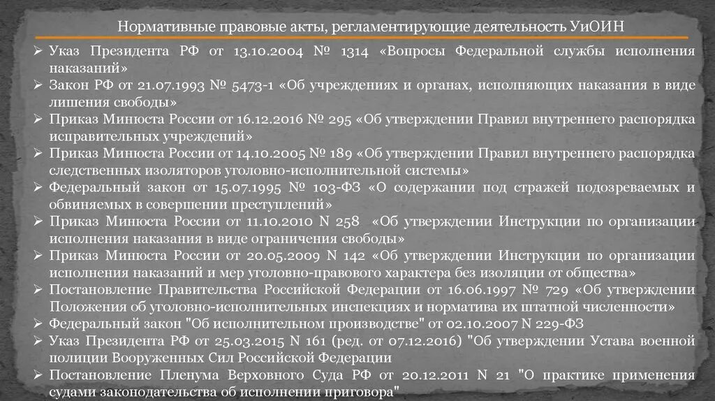 Нормативные документы регламентирующие деятельность службы. Нормативно-правовые акты регламентирующие деятельность УИС. Нормативные акты регламентирующие деятельность УИС. Нормативно правовые акты ФСИН. Нормативные правовые акты, регламентирующие деятельность ФСИН.