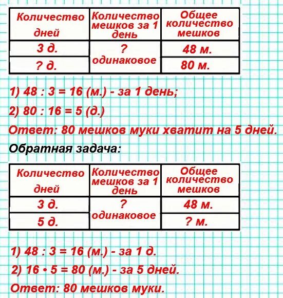 Задача 4 календари. Решение задач в пекарне. В пекарне за 3 дня израсходовали 48 мешков муки. Задача в пекарне за 3 дня. Задачи по таблице 3 класс.