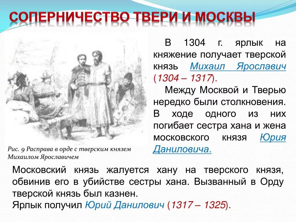 Первый князь ярлык. Соперничество Москвы и Твери. Борьба Твери и Москвы за великое княжение. Соперничество Москвы и Твери проявилось. Причины противостояния Москвы и Твери.